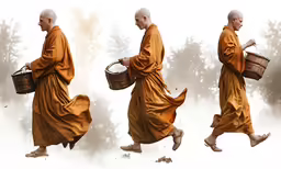an animation showing monks with baskets and in different outfits