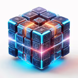 a stylized cube with blue and orange lines on it