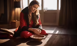 a woman in black and red sitting on the ground with a bowl