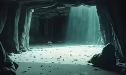 a small room with lots of curtains and scattered dust