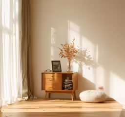 a living area with wooden floors, a side table and a potted plant