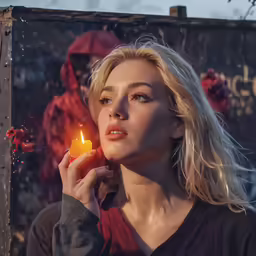 a woman holding a lit candle up to her face