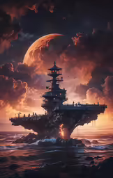 there is a boat that is in the water near a moon