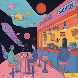 a woman eating in front of a neon colored diner