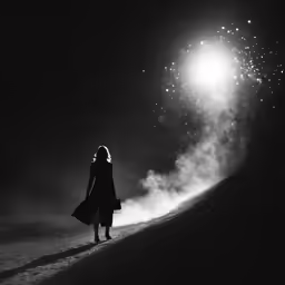 a woman standing in the snow in the dark