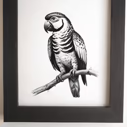 an ink drawing of a parrot sitting on a branch