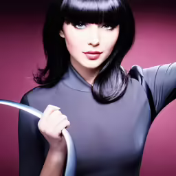 the girl in black shirt and bangs is holding a hoop
