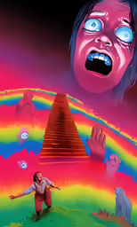a cartoon of a child staring at an upside down pyramid in the sky