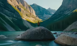 two people are standing on large rocks in the mountains