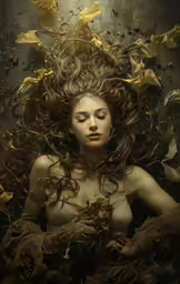 a woman with wavy hair is surrounded by yellow leaves