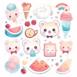 bear and apple icons, including a clock, a cat and watermelon