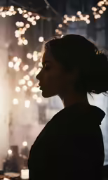 woman staring into distance with bright lights behind her
