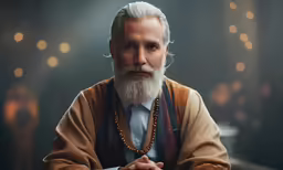 a white - haired man wearing a brown robe and beads sitting at a table