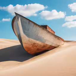 an empty boat in the sand near an old building