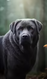black dog standing in the woods looking around