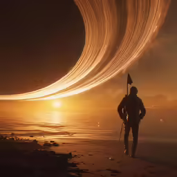 an image of a man standing on a beach in front of planets