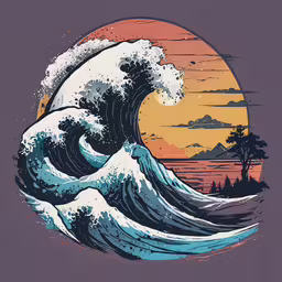 a wave in front of a sunset with trees,the great wave with colorful sunset in background
