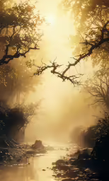 the sun is shining on the river with trees