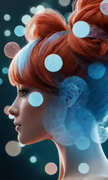 a female with an orange hair and some blue circles