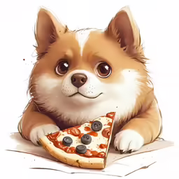 a cartoon style brown and white dog has pizza slices in its paws