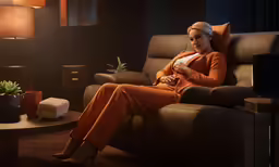 a woman in a orange suit on a brown couch