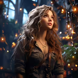 a young woman is standing in an ornate dark room, surrounded by light decorations,a woman standing in front of lights with long hair