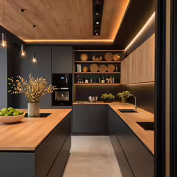 a modern kitchen has a center island with drawers