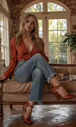 a beautiful young woman sitting on top of a couch