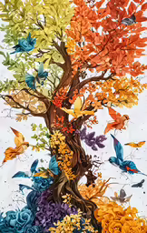 a tree with multiple colors has butterflies on it