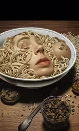 an art collage with multiple images of a woman with noodles in her face