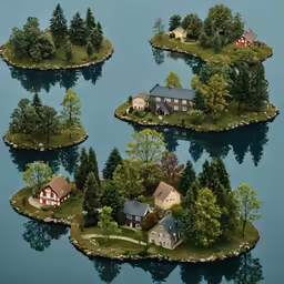 a variety of tiny houses on island shaped in the water