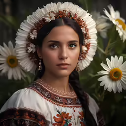 a beautiful woman is posing in a flower adorned dress