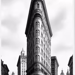 black and white photograph of a corner building