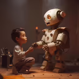 a child is touching a robot that is standing on one leg
