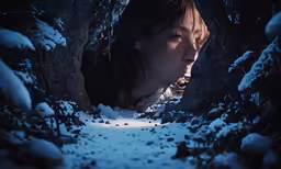 a girl standing among some snow covered trees