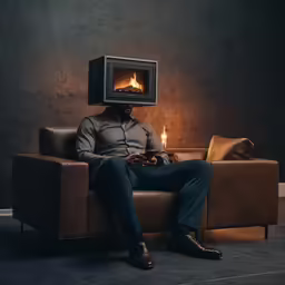 a man sitting on top of a brown leather chair next to a fire