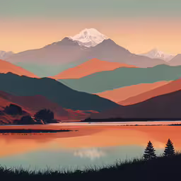 a painting of a snow covered mountain overlooks a lake,a painting of a mountain range above a lake with a reflection in the water