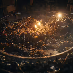 two glowing candles shining on an old metal bowl filled with twigs