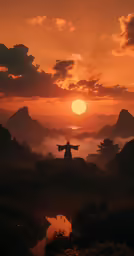 a mountain setting with sun rising over mountains