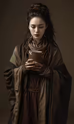 a woman is holding a tablet, wearing brown clothing