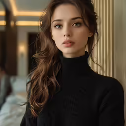 woman wearing a black sweater leaning against a wall