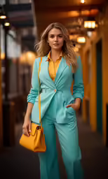 a woman in a suit with hand on her shoulder