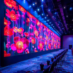 large wall mounted flower paintings lit up on a large screen,a room with an illuminated screen at the back