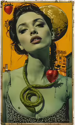 a woman with an apple and snake around her neck