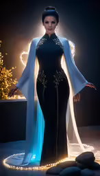 woman standing on stage in long black dress