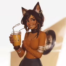 a picture of a cat woman holding a drink
