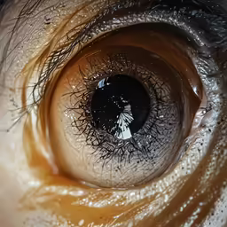 a close up of an animal eye with brown hair and black markings