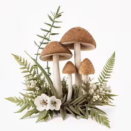 a bunch of mushrooms with different leaves and flowers