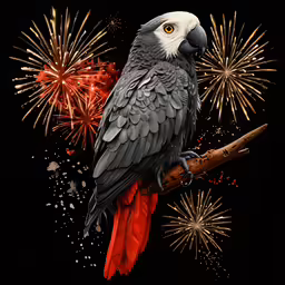 a bird with a white head sitting on a branch and fireworks