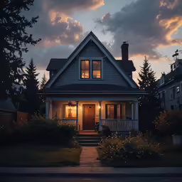 there is a large house with porch lights on